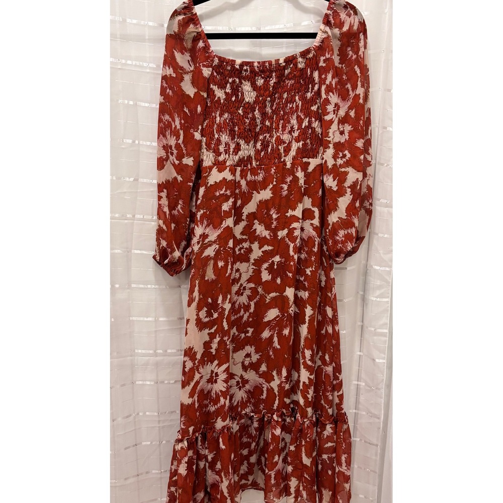 Taylor Rust Orange Floral Smocked Midi Dress Long Sleeve Square Neck Size 8